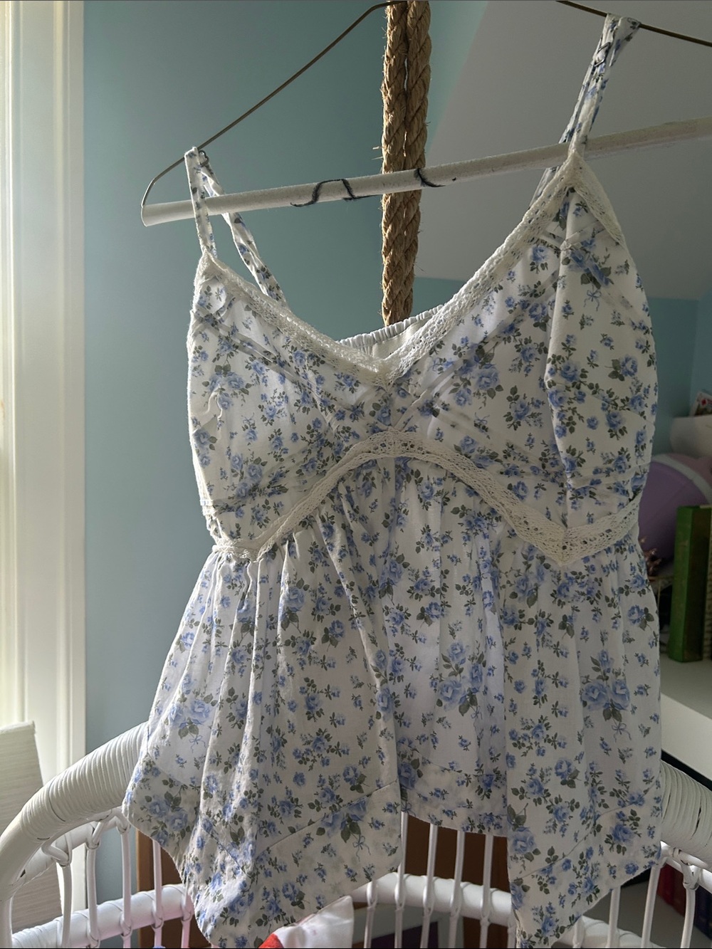 Hollister White Cami Baby Doll Tank Top with Blue Floral Print